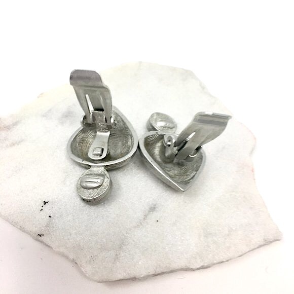 Hammered Silver Tone Steel Heart and Iridescent Rhinestone Clip On Earrings - Picture 10 of 14